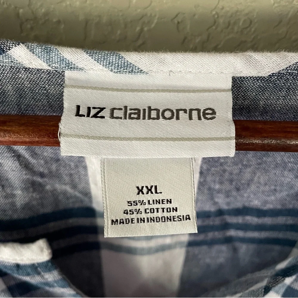 Liz Claiborne Womens XXL 2XL Linen Blend Blue Plaid Tunic 3/4 Tie Sleeve Blouse - Picture 3 of 10
